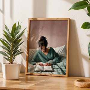 Book Lover Poster &quot;Woman Reading in Bed&quot; | Reading Room Decor | Book Club | Library Decor | Gift for Bookworms | Modern Wall Art