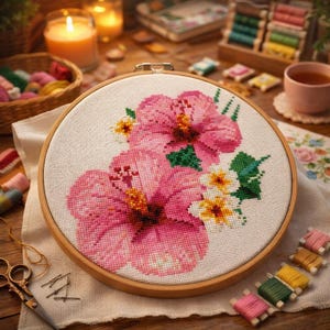 Pink Tropical Flowers - Cross Stitch Pattern Design - Digital PDF Print