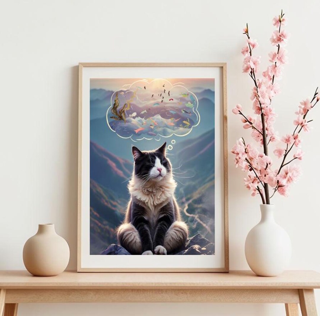 Whimsical Cat Daydreaming Print - Instant Download for Cat Lovers, Cat ...