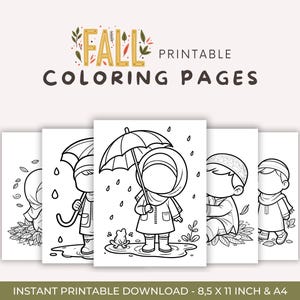 May include: Four black and white printable coloring pages featuring children wearing raincoats and holding umbrellas. The text "Fall Printable Coloring Pages" is at the top of the image.