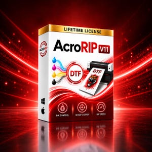 May include: A white software box for AcroRIP V11 featuring a lifetime license label, a DTF printer graphic with a tiger print, four colored ink droplets, and icons for ink control, sharp output, and rip speed against a red light background.