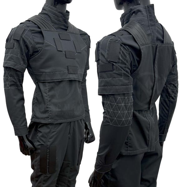 Handmade Mando-Inspired Cosplay Set: Dark Gray Flight Suit, Flak Vest