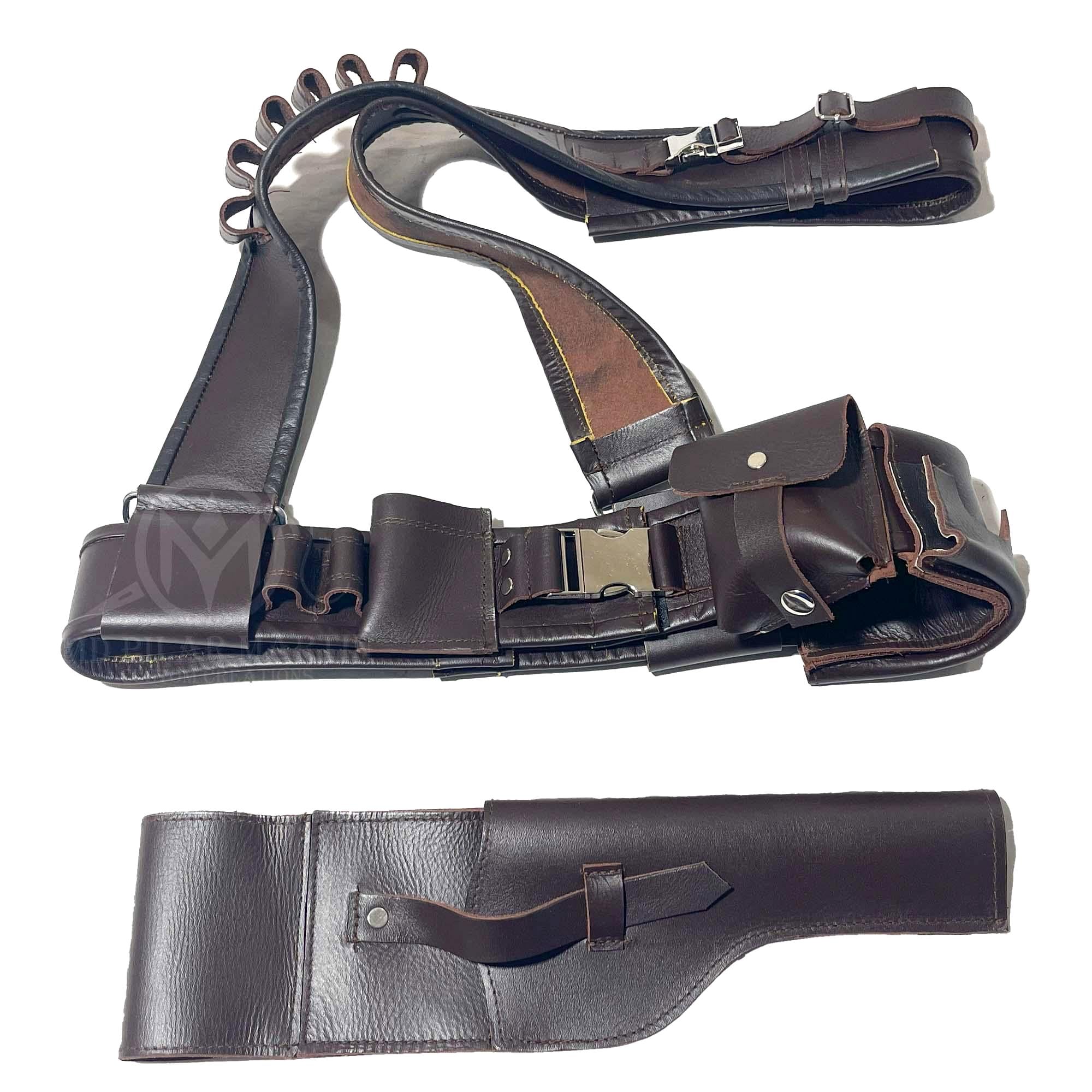 LB Leather Rifle Cartridge Bandolier Belt - Brown, 7mm, 20-Round Ammo Holder For Shooting, OWB Carry