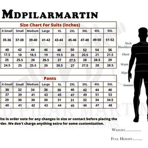 Puede incluir: Tabla de tallas para trajes y pantalones, con medidas en pulgadas. Incluye medidas de pecho, hombros, largo y mangas para trajes, y cintura, caderas, entrepierna y largo para pantalones. La tabla tambi&eacute;n proporciona una gu&iacute;a de tallas.