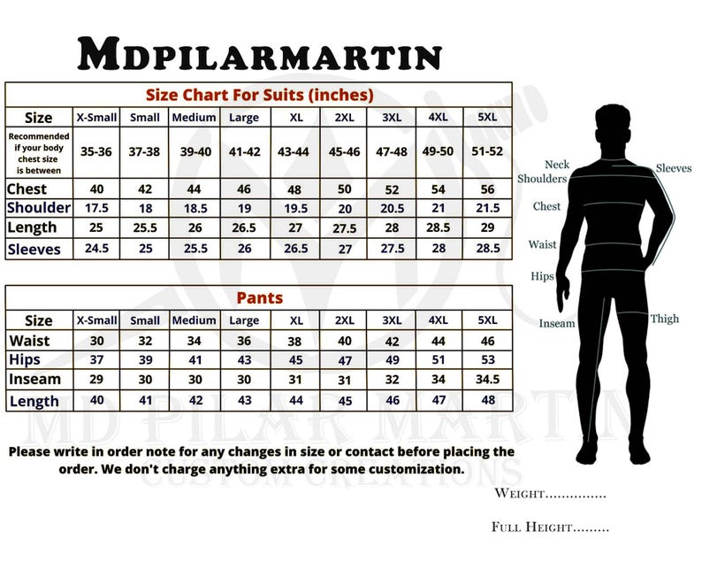 Puede incluir: Tabla de tallas para trajes y pantalones, con medidas en pulgadas. Incluye medidas de pecho, hombros, largo y mangas para trajes, y cintura, caderas, entrepierna y largo para pantalones. La tabla tambi&eacute;n proporciona una gu&iacute;a de tallas.
