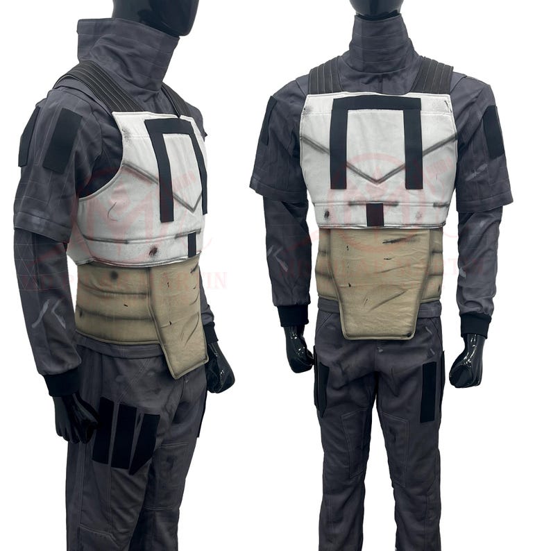 May include: A gray and white costume with a tactical vest and matching pants. The vest is white with black accents and a tan midsection. The outfit includes a high-collared shirt and black gloves. The costume is displayed on a mannequin.