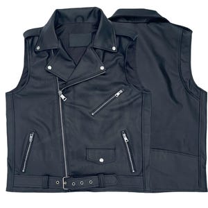 Men&#39;s Black Leather Biker Vest: Handmade Sleeveless Motorcycle Gilet