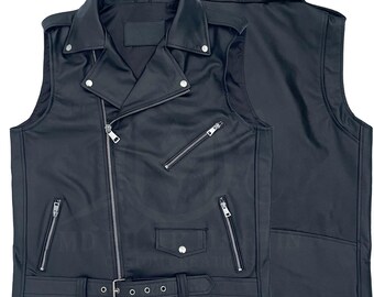 Chaleco de motociclista de cuero negro para hombre: chaleco de motociclista sin mangas hecho a mano