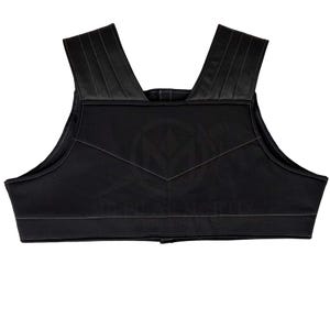 May include: Black padded vest with a wide, scoop neck and adjustable straps. The vest has a smooth, quilted texture and a simple design.
