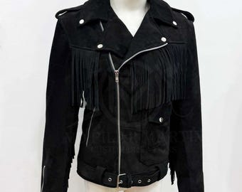 Chaqueta de cuero con flecos de ante negro: estilo vaquera retro del oeste