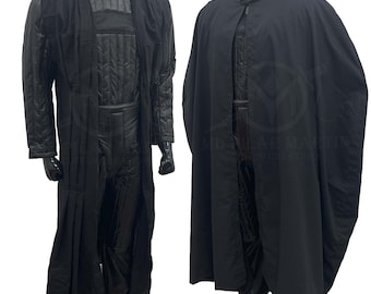 May include: A black hooded robe with a long, flowing cape. The robe has a quilted design and a high collar. The cape is attached to the robe at the shoulders and falls to the floor.