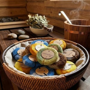 May include: A woven basket filled with colorful, round soaps. Each soap has a tag with a scent name like "Apricot" or "Lemongrass." The soaps are blue, yellow, green, and brown. The scene suggests a spa or wellness theme.