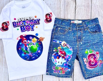 Super MARIO GALAXY/Overalls//Freie Farbe Splatter/Vorne und Hinten/Kindergeburtstag Outfit 6 m-12y/Mama/Vater des Geburtstagskind/Smash Bros/Luigi