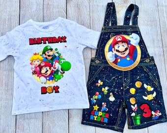 Super Mario/Mono/Conjuntos/Salpicaduras de pintura GRATIS/Parte delantera y trasera/Traje de cumpleaños para niños de 6 meses a 12 años/Mamá/Papá del cumpleañero/Cumpleañera/Smash Bros/Luigi