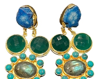 Gold Plated Gemstone Dangle Earrings: Renaissance Style