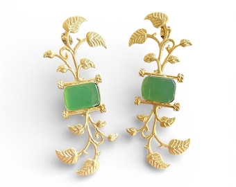 Handcrafted 24k Gold Over Brass Earrings: Semi-Precious Stone Inlay