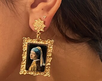 Pendientes de acero inoxidable chapados en oro: incrustaciones de retrato