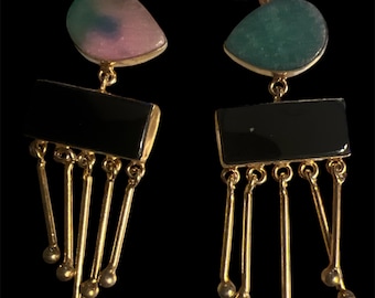 Pendientes artesanales de piedras semipreciosas: Latón con baño de oro de 24k, 7,6 cm (3 pulgadas), estilo aurora.