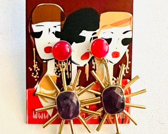 Handcrafted 24k Gold Over Brass Earrings: Semi-Precious Stone Inlay