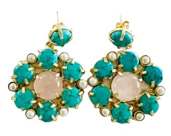 Pendientes de flores de cuarzo rosa y turquesa