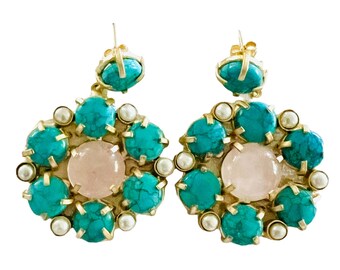 Turquoise and rose quartz flower Cluster earrings