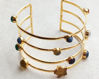 Elegant Multi-Gemstone Orbit Cuff Bracelet