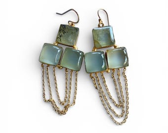 Prehnite Stone Dangle Earrings: 24k Gold Over Brass, Artisan Crafted