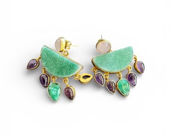 24k Gold Brass Earrings: Semi-Precious Stone Inlay, Artisan Crafted