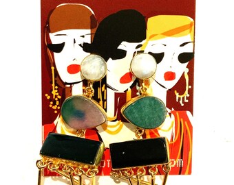 Handcrafted Semi-Precious Stone Earrings: 24k Gold Over Brass, 3-Inch
