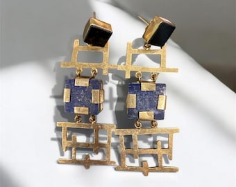24k Gold Brass  Maxe  Earrings: Semi-Precious Stone Inlay