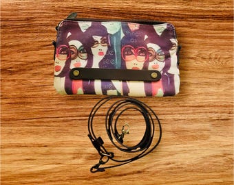 Ladies in Sunglasses Canvas Crossbody Clutch with Leather Strap