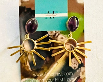 Sunrise Earrings: 24k Gold Brass with Semi-Precious Stone Inlay