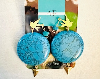 Dove Earrings: 24k Gold Brass with Turquoise Stone Inlay