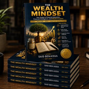 Könnte beinhalten: Ein Stapel dunkelblauer Bücher mit dem Titel The Wealth Mindset von Said Benaissa, Mai 2020. Das Cover zeigt einen goldenen Baum, ein Glas mit Münzen, ein Haus und ein offenes Notizbuch mit Stift. Der Text enthält Themen zur Finanzbildung.
