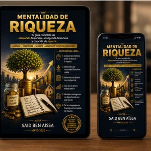 Könnte beinhalten: Ein Tablet und ein Smartphone zeigen das Buchcover Mentalidad de Riqueza von Said Ben Aïssa. Das Design zeigt einen goldenen Baum, der aus Münzen wächst, ein Glas mit Geld und eine Checkliste. Der Text ist auf Spanisch in Schwarz und Gold gehalten.