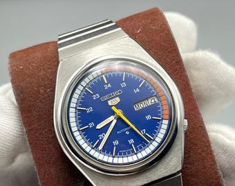 Vintage Seiko 5 Automatic Watch, Blue Railway Dial