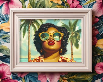 Retro Pinup Poster I Vintage Prints for Beach Vacation Home | Plus Size Black Model Wall Art | Tropical Home Decor | Digital Download