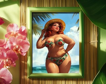 Retro Pinup Poster I Vintage Prints for Beach Vacation Home | Plus Size Pinup Wall Art | Tropical Vacation Home Decor | Digital Download