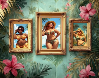 Retro Pinup Poster Bundle I Vintage Prints for Beach Vacation Home | Plus Size Black Model Wall Art | Tropical Home Decor | Digital Download