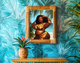 Retro Pinup Poster I Vintage Prints for Beach Vacation Home | Plus Size Pinup Wall Art | Tropical Vacation Home Decor | Digital Download