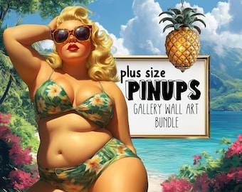 Retro Pinups Gallery Wall Bundle | Vintage Printable Poster Art | Tropical Beach Vacation Home Decor | Plus Size Models | Digital Download