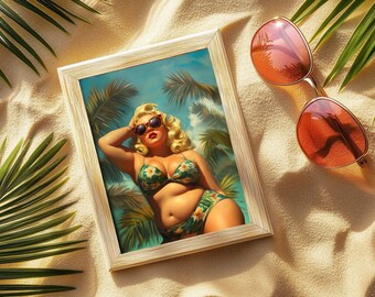 Retro Pinup Poster I Vintage Prints for Beach Vacation Home | Plus Size Pinup Wall Art | Tropical Vacation Home Decor | Digital Download