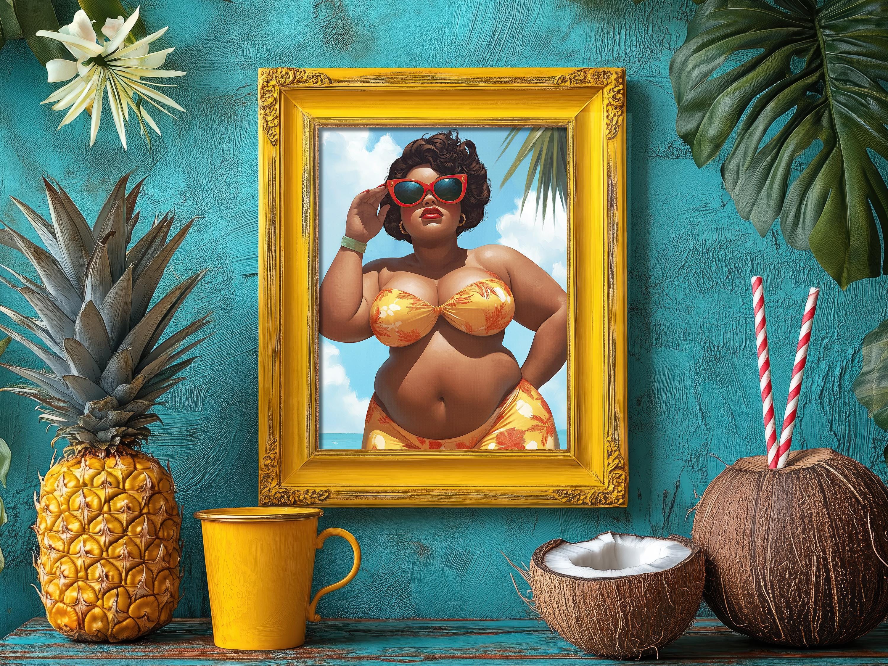 Retro Pinup Poster I Vintage Prints for Beach Vacation Home | Plus Size Black Model Wall Art | Tropical Home Decor | Digital Download