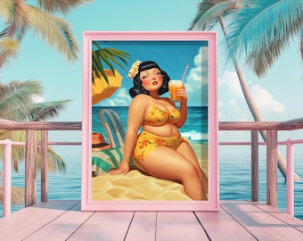 Retro Pinup Poster I Vintage Prints for Beach Vacation Home | Plus Size Pinup Wall Art | Tropical Vacation Home Decor | Digital Download
