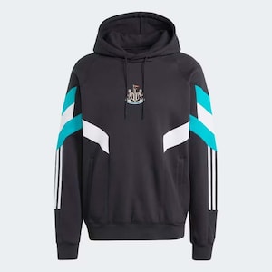 May include: Black hooded sweatshirt with a Newcastle United crest. Features white and teal accents on the sleeves and sides, with the Adidas three-stripe design. A casual, sporty apparel item.
