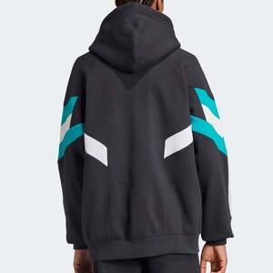May include: Black hooded sweatshirt with teal and white geometric accents on the sleeves. The back view of the sweatshirt shows a V-shaped design at the top. The sweatshirt has a drawstring hood and ribbed cuffs and hem.