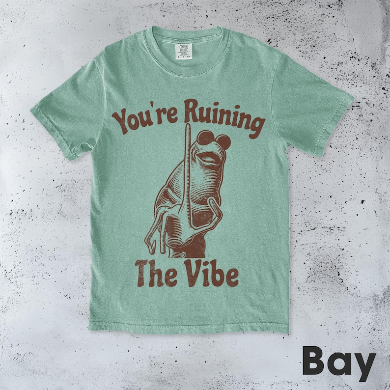May include: A light green t-shirt with the text "You're Ruining The Vibe" and a brown illustration of a frog wearing sunglasses. The word "Bay" is printed in the bottom right corner.