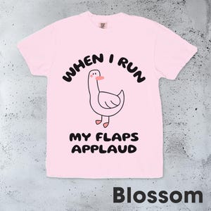 以下が含まれることがあります： ピンクのTシャツに、漫画のガチョウと「When I run my flaps applaud」というテキストが書かれています。