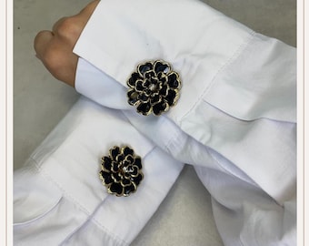 Cubrebotones de cristal negro con diseño de flores | Gemelos | Cubrebotones con clip | Accesorios para botones | Joyas para botones | Botones de perla | Regalo de boda