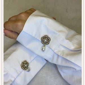 Flower Black Gold Pearldrop Button Cover | Cufflinks |Clip on Button Covers | Button accessories|Button Jewels | Pearl Buttons |Wedding Gift